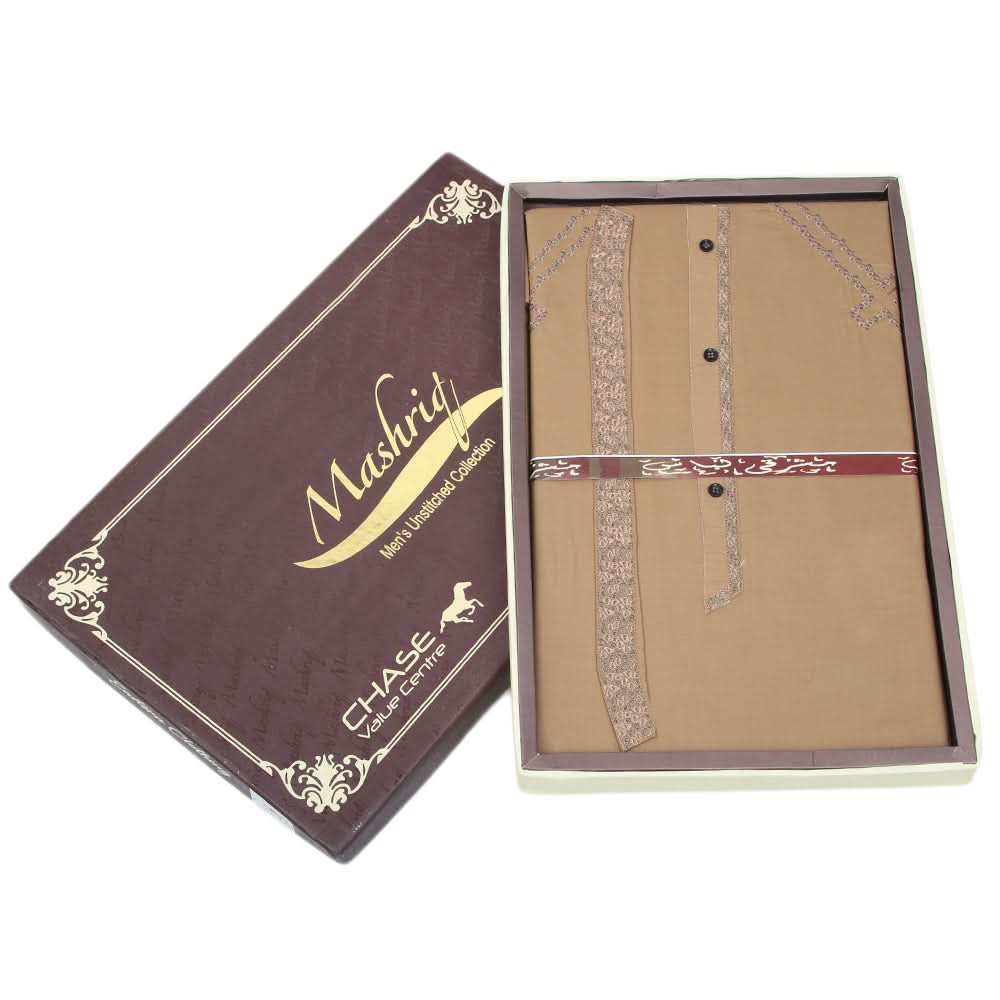 Men's Mashriq Embroidered Un-Stitched Suit - Dark Brown, Men, Unstitched Fabric, Chase Value, Chase Value
