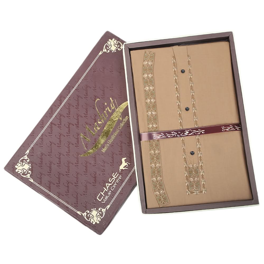 Men's Mashriq Embroidered Un-Stitched Suit - Dark Brown, Men, Unstitched Fabric, Chase Value, Chase Value