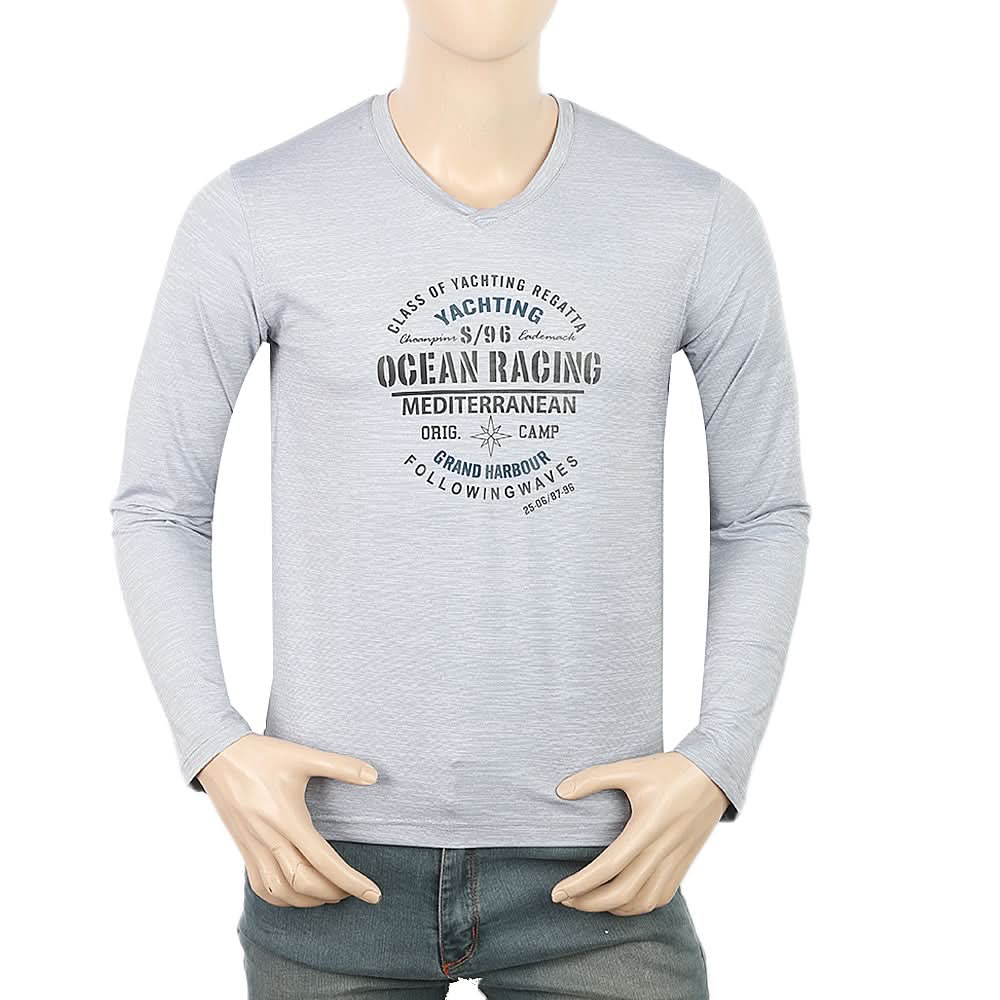 Men's Full Sleeves Round Neck Lycra Printed T-Shirt - Grey, Men, T-Shirts And Polos, Chase Value, Chase Value