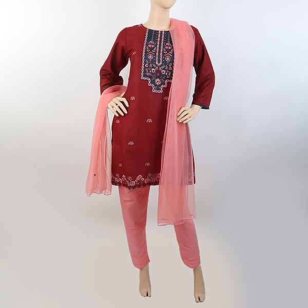 Women's Embroidered 3 Piece Suit - Maroon, Women, Shalwar Suits, Chase Value, Chase Value