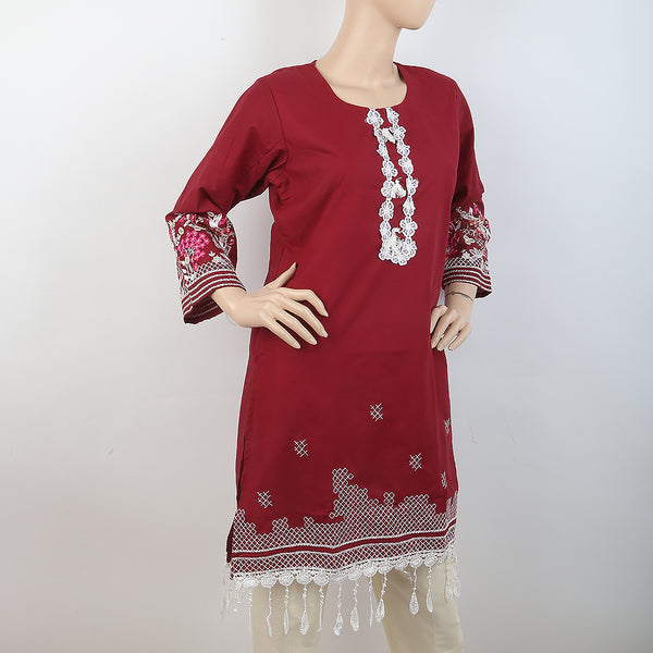 Women's Embroidered Kurti With Lace - Maroon, Women, Ready Kurtis, Chase Value, Chase Value