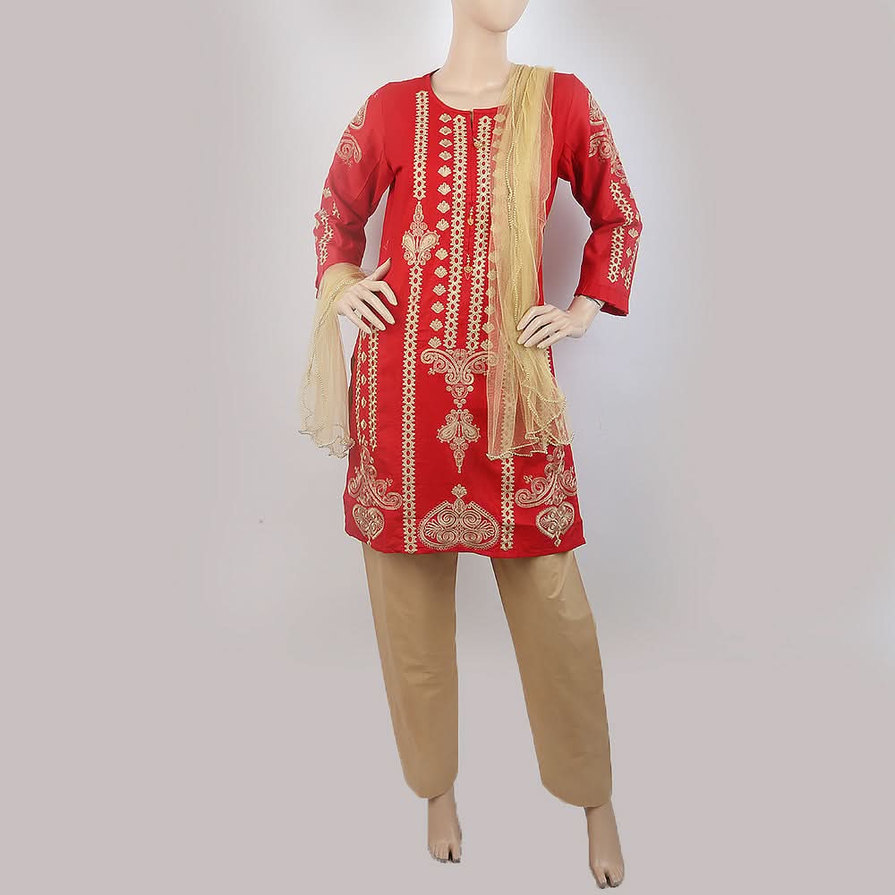 Women's Embroidered 3 Piece Suit - Red, Women, Shalwar Suits, Chase Value, Chase Value