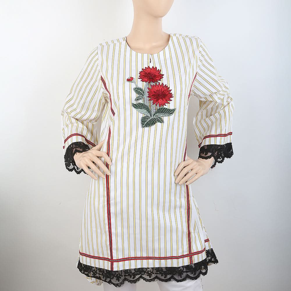 Women's  Embroidered Kurti With Tape - White, Women, Ready Kurtis, Chase Value, Chase Value