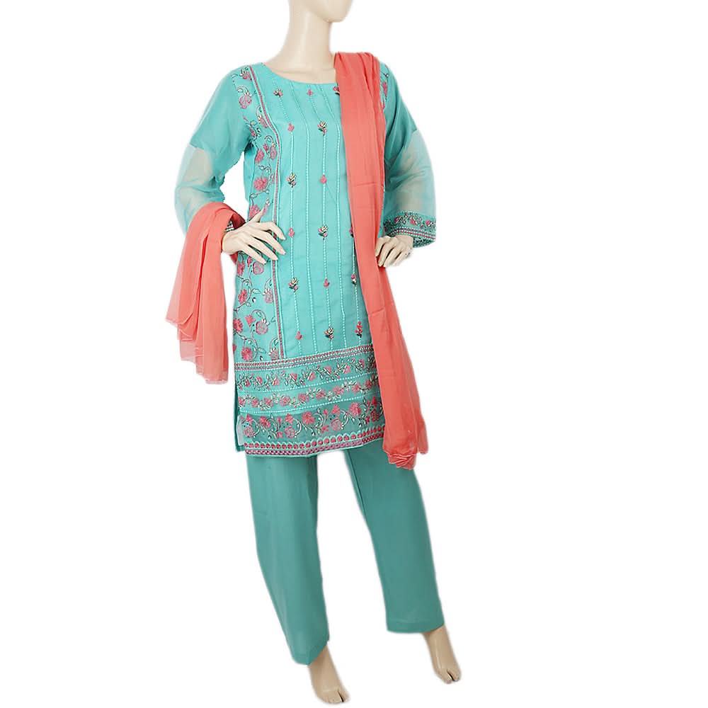 Women's Organza Check Fancy  3 Pcs Suit - Cyan, Women, Shalwar Suits, Chase Value, Chase Value