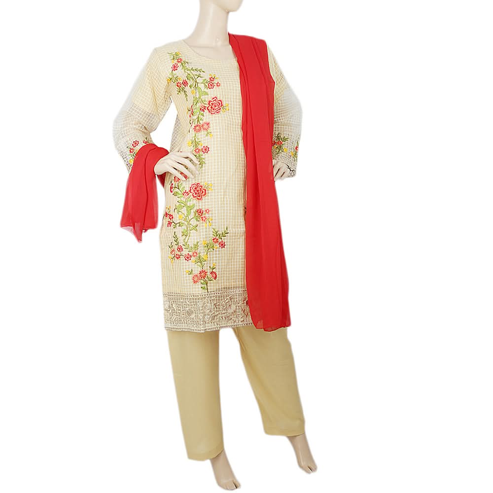 Women's Organza Fancy  3 Pcs Suit - Beige, Women, Shalwar Suits, Chase Value, Chase Value