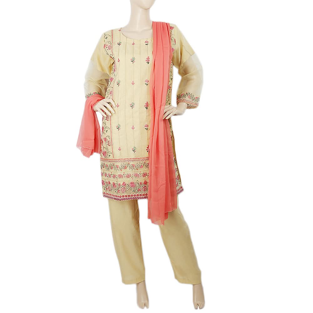 Women's Organza Check Fancy  3 Pcs Suit - Beige, Women, Shalwar Suits, Chase Value, Chase Value
