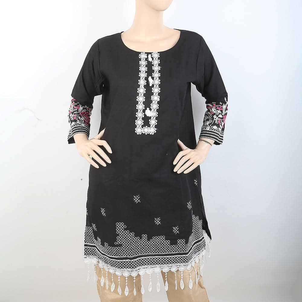 Women's Embroidered Kurti With Lace - Black, Women, Ready Kurtis, Chase Value, Chase Value