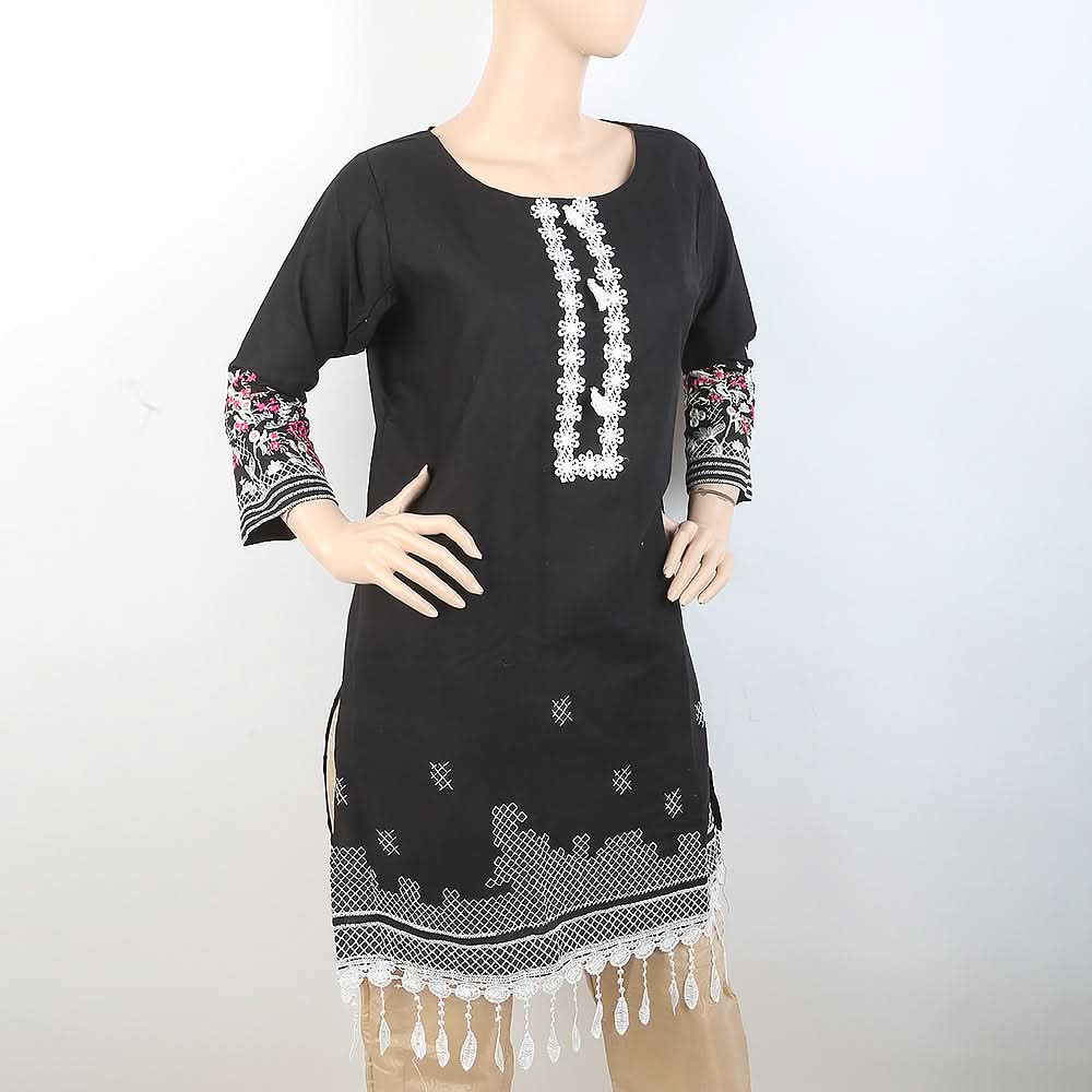 Women's Embroidered Kurti With Lace - Black, Women, Ready Kurtis, Chase Value, Chase Value