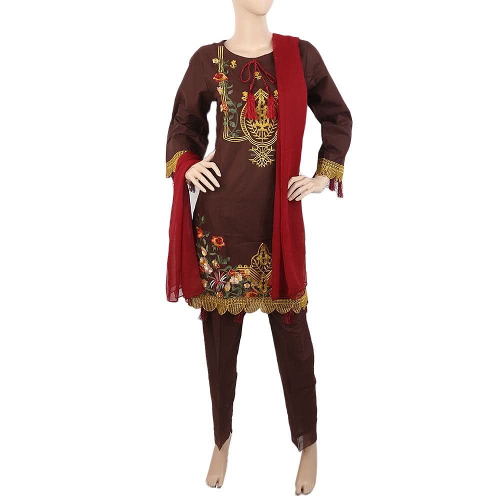 Women's Embroidered 3Pcs Suit With Front Doori - Coffee, Women, Shalwar Suits, Chase Value, Chase Value