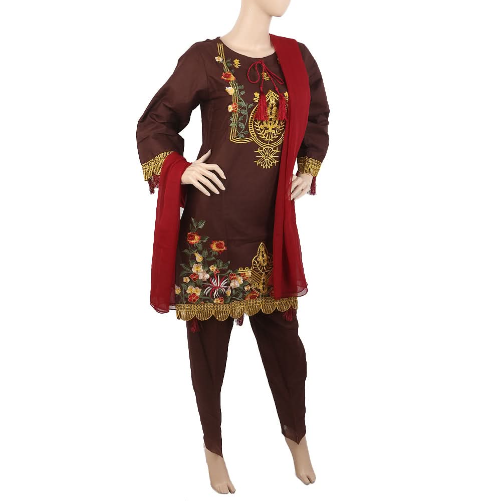 Women's Embroidered 3Pcs Suit With Front Doori - Coffee, Women, Shalwar Suits, Chase Value, Chase Value