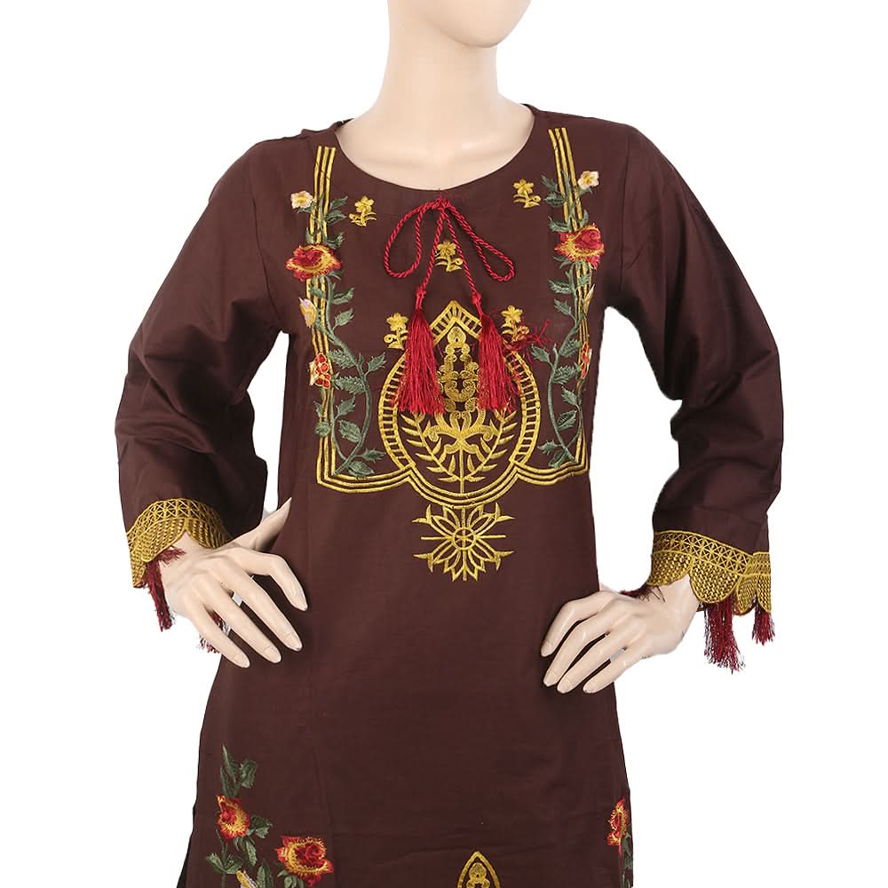 Women's Embroidered 3Pcs Suit With Front Doori - Coffee, Women, Shalwar Suits, Chase Value, Chase Value