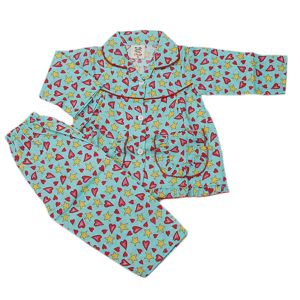 Girl's Full Sleeves Night Suit - Cyan, Kids, Girls Sets And Suits, Chase Value, Chase Value