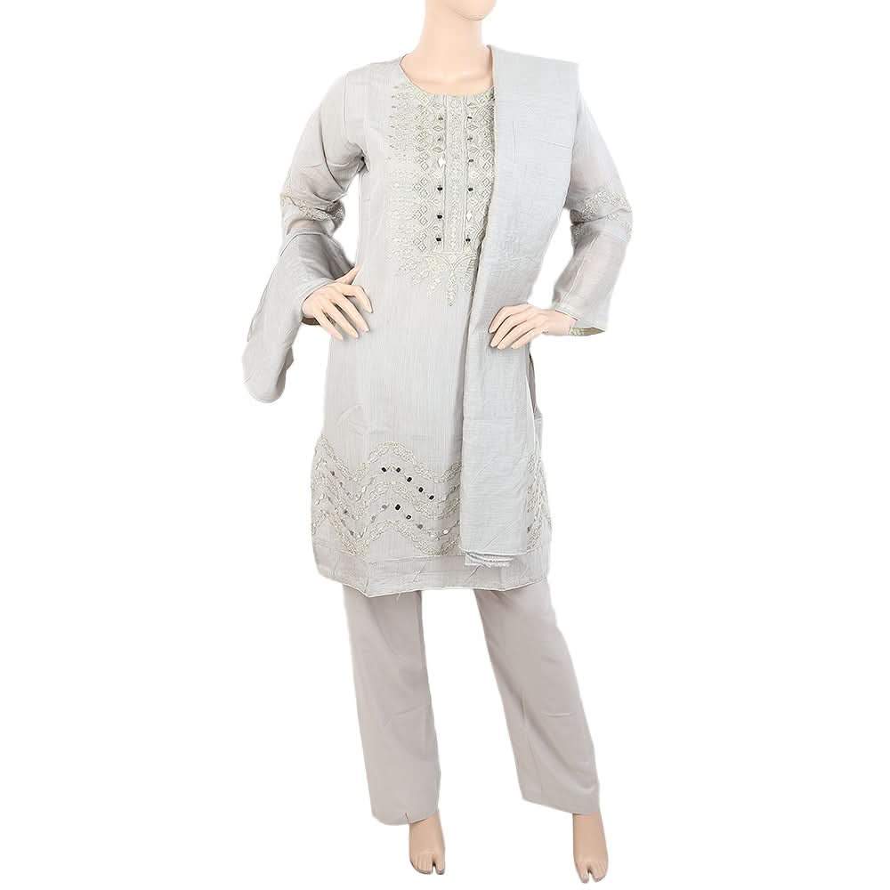 Women's Fancy 3Pcs Suit With Stone - Grey, Women, Shalwar Suits, Chase Value, Chase Value