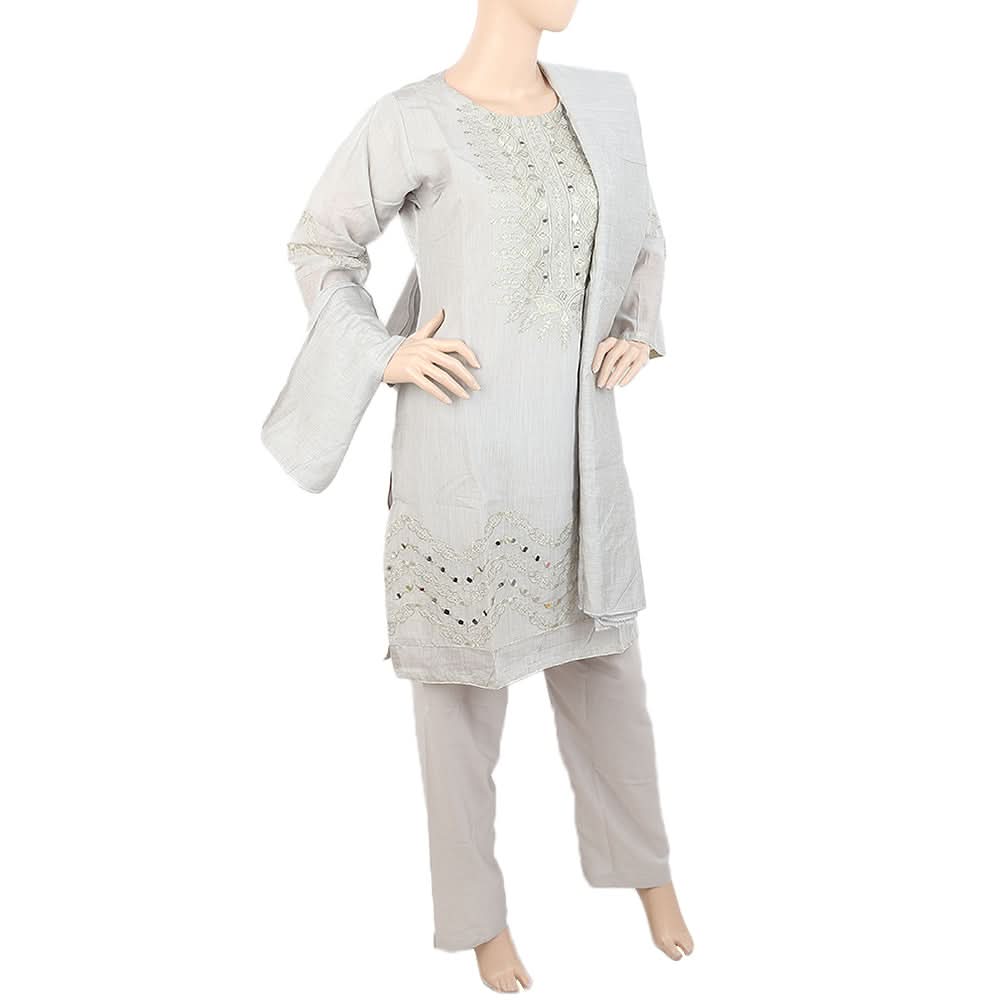 Women's Fancy 3Pcs Suit With Stone - Grey, Women, Shalwar Suits, Chase Value, Chase Value