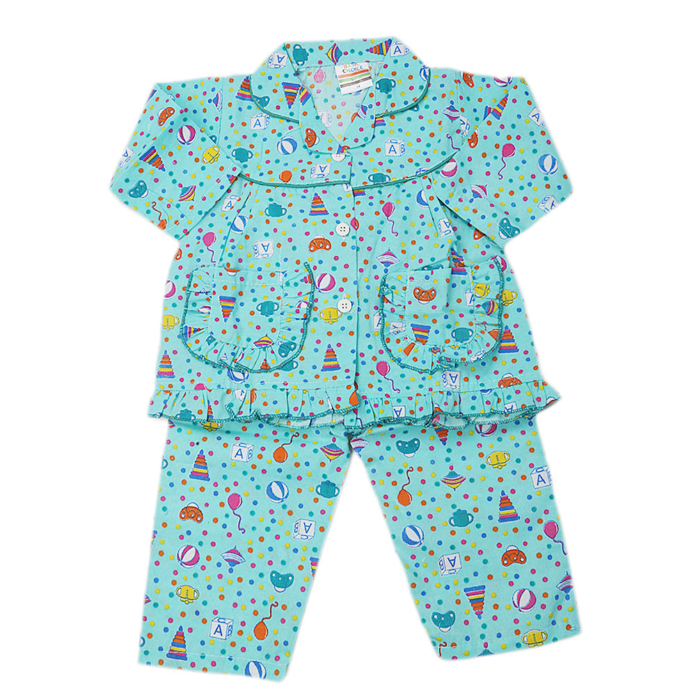 Girl's Full Sleeves Night Suit - Cyan, Kids, Girls Sets And Suits, Chase Value, Chase Value