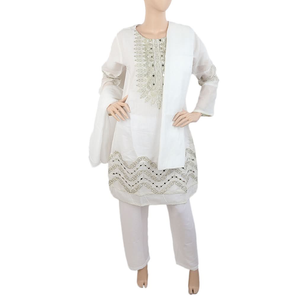 Women's Fancy 3Pcs Suit With Stone - White, Women, Shalwar Suits, Chase Value, Chase Value