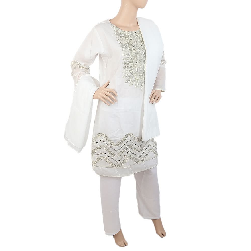 Women's Fancy 3Pcs Suit With Stone - White, Women, Shalwar Suits, Chase Value, Chase Value
