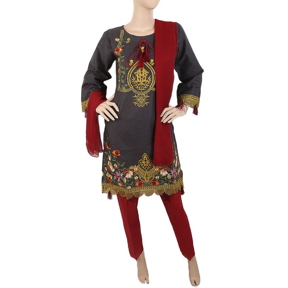 Women's Embroidered 3Pcs Suit With Front Doori - Grey, Women, Shalwar Suits, Chase Value, Chase Value