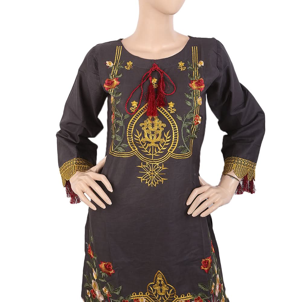 Women's Embroidered 3Pcs Suit With Front Doori - Grey, Women, Shalwar Suits, Chase Value, Chase Value