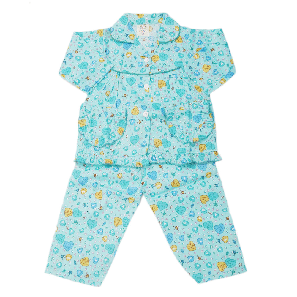 Girl's Full Sleeves Night Suit - Cyan, Kids, Girls Sets And Suits, Chase Value, Chase Value