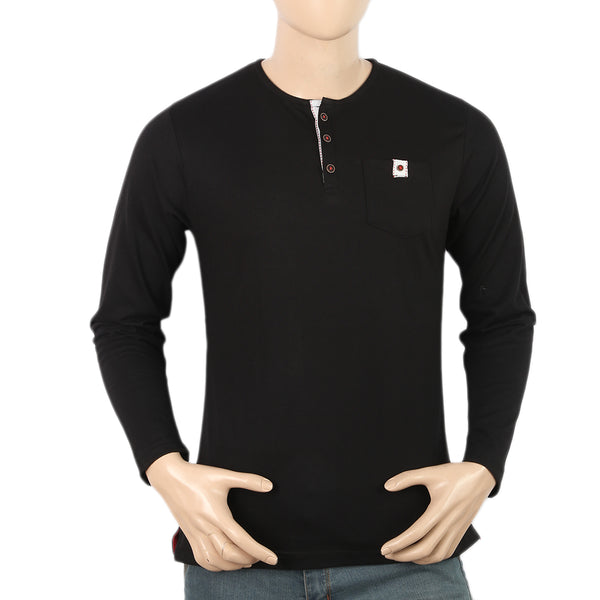 Men's Full Sleeves Fancy Henley T.Shirt - Black, Men, T-Shirts And Polos, Chase Value, Chase Value