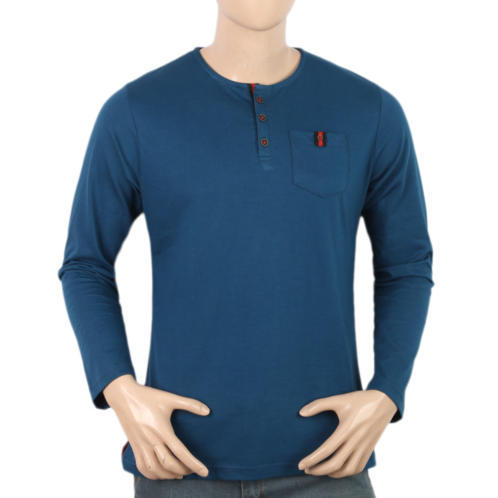 Men's Full Sleeves Fancy Henley T.Shirt - Steel Blue, Men, T-Shirts And Polos, Chase Value, Chase Value