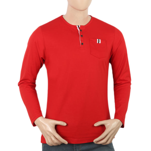 Men's Full Sleeves Fancy Henley T.Shirt - Red, Men, T-Shirts And Polos, Chase Value, Chase Value