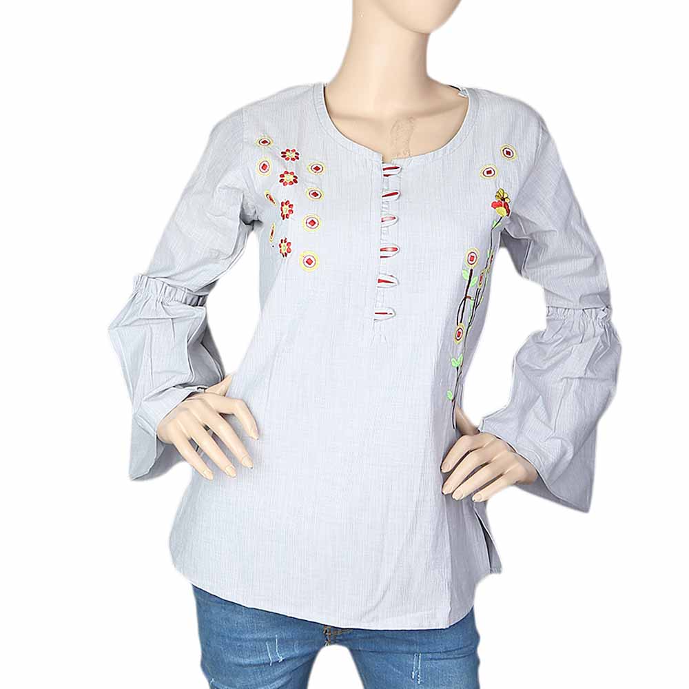 Women's Embroidered Western  Top With Front Button - Grey, Women, T-Shirts And Tops, Chase Value, Chase Value