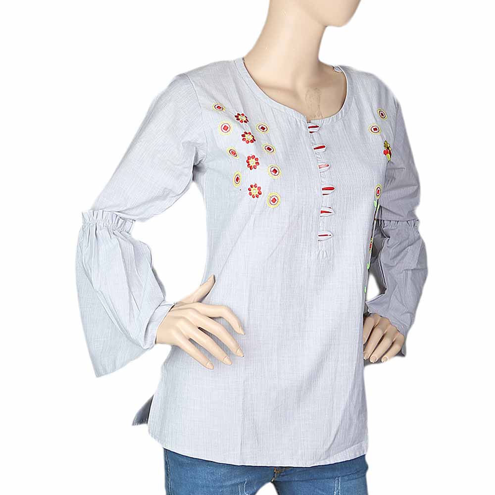 Women's Embroidered Western  Top With Front Button - Grey, Women, T-Shirts And Tops, Chase Value, Chase Value