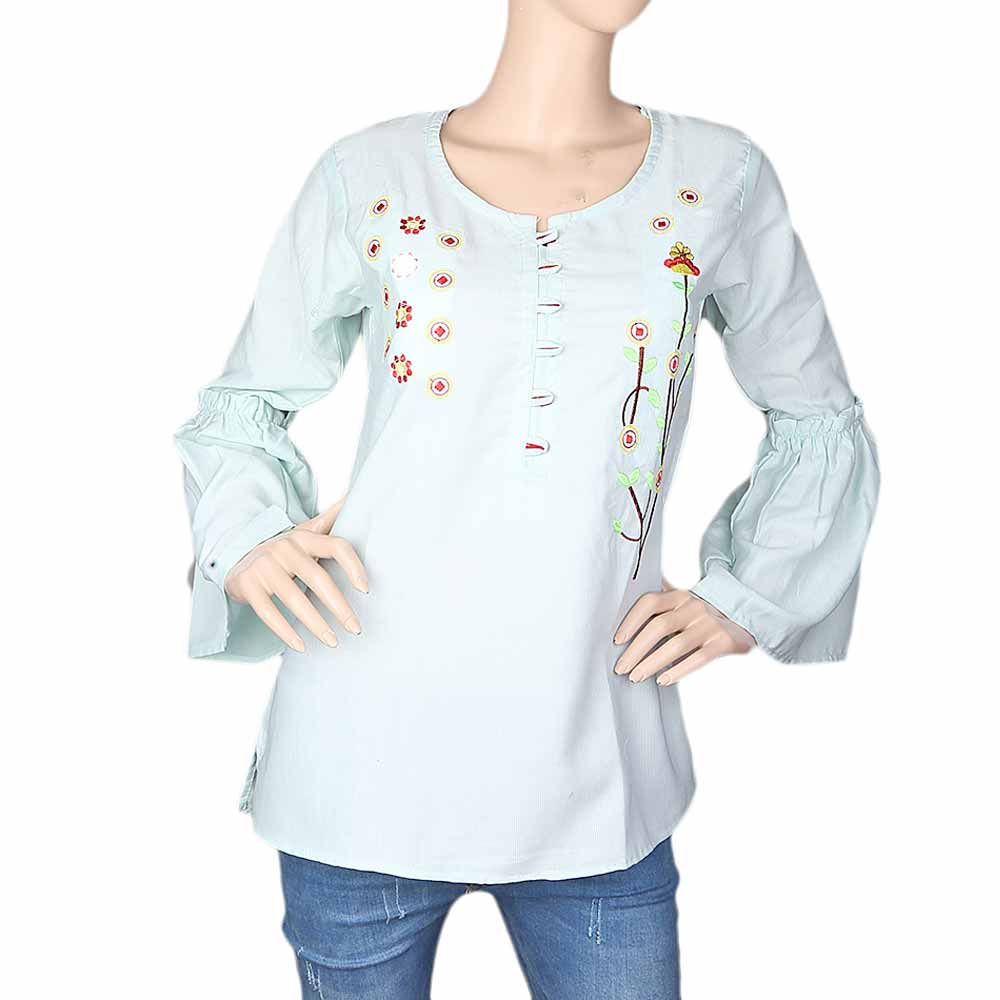 Women's Embroidered Western Top With Front Button - Sea Green, Women, T-Shirts And Tops, Chase Value, Chase Value