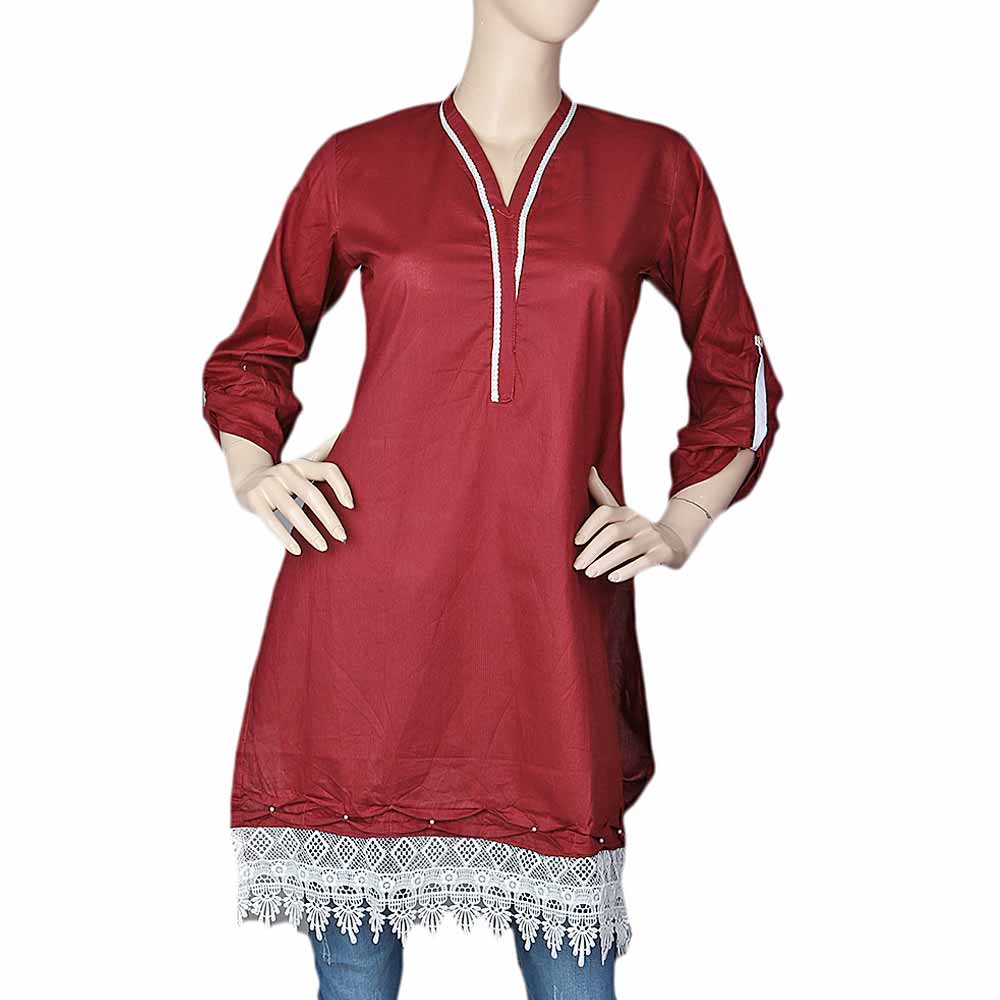 Women's Plain Cotton Kurti Indian Doriya - Maroon, Women, Ready Kurtis, Chase Value, Chase Value