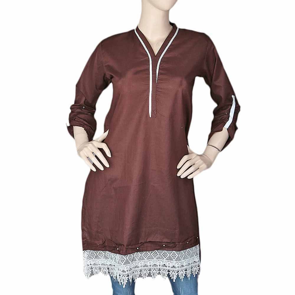 Women's Plain Cotton Kurti Indian Doriya - Brown, Women, Ready Kurtis, Chase Value, Chase Value