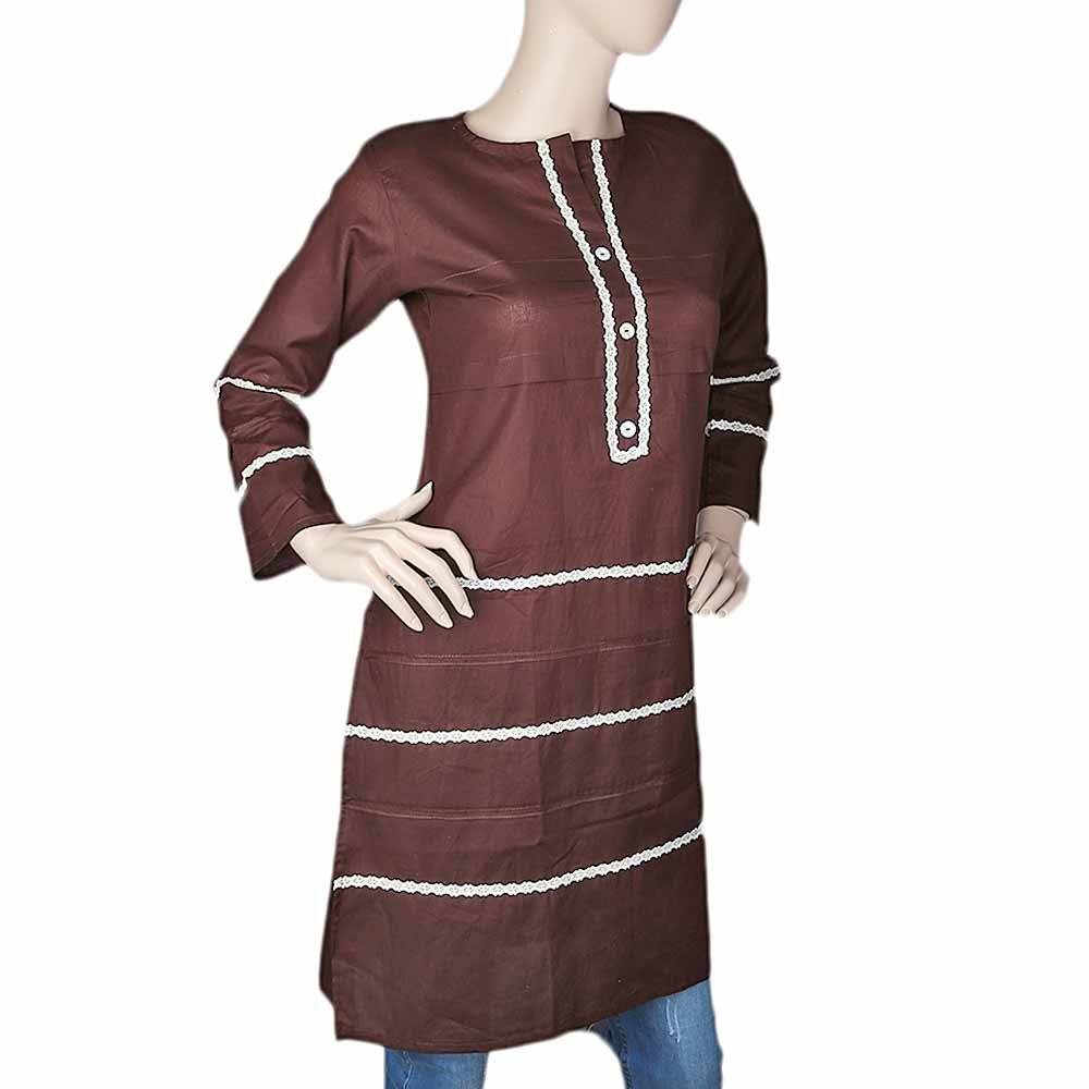 Women's Plain Cotton Kurti Indian Doriya - Brown, Women, Ready Kurtis, Chase Value, Chase Value