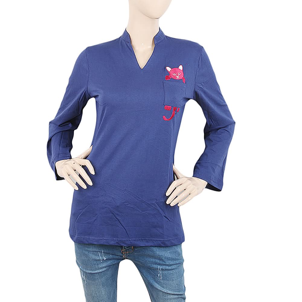 Women's  Embroidered Top With Front Pocket - Navy Blue, Women, T-Shirts And Tops, Chase Value, Chase Value