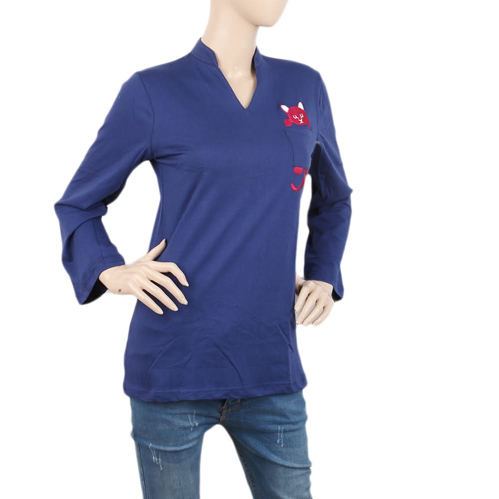 Women's  Embroidered Top With Front Pocket - Navy Blue, Women, T-Shirts And Tops, Chase Value, Chase Value