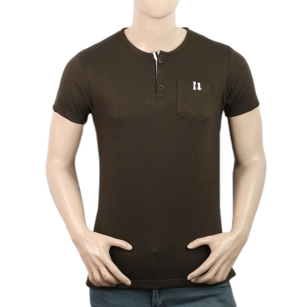 Men's Half Sleeves Fancy Yarn Dyed Tape Placket Henley - Olive Green, Men, T-Shirts And Polos, Chase Value, Chase Value