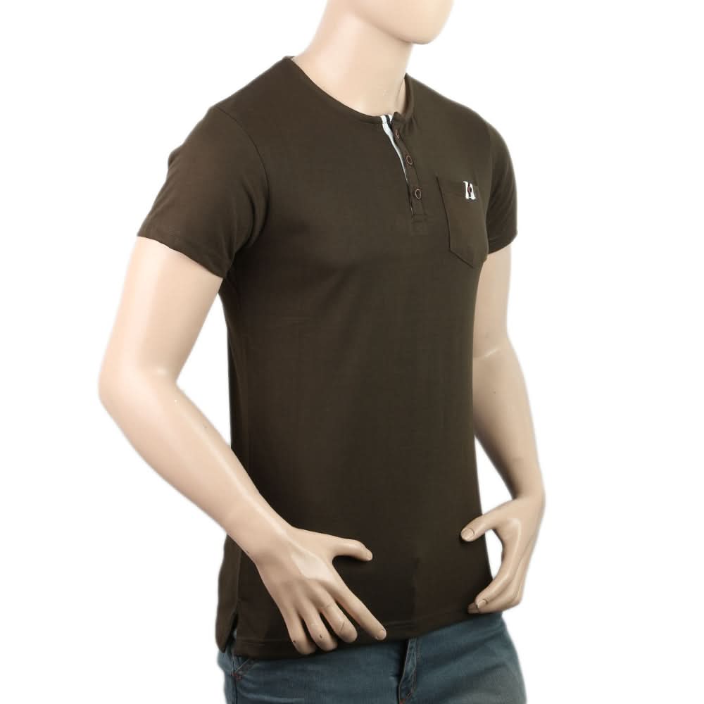 Men's Half Sleeves Fancy Yarn Dyed Tape Placket Henley - Olive Green, Men, T-Shirts And Polos, Chase Value, Chase Value