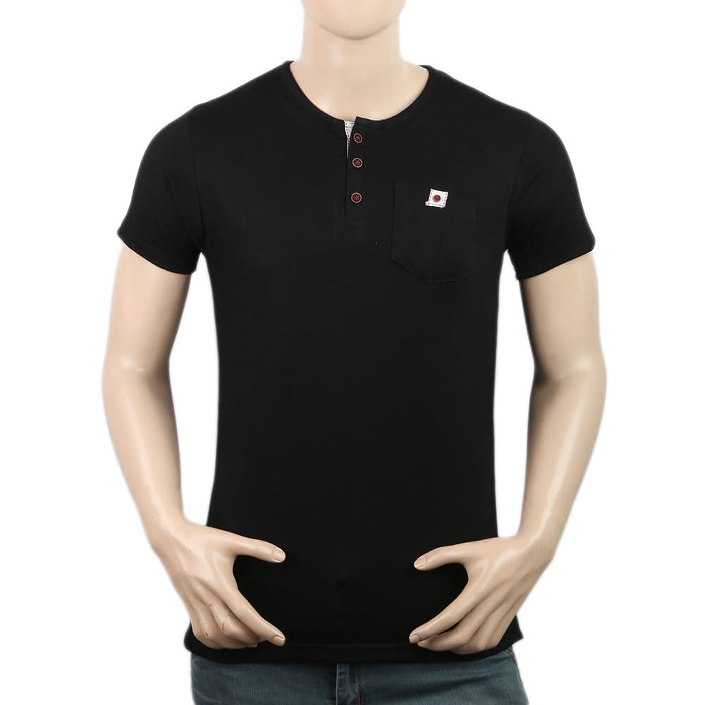 Men's Half Sleeves Fancy Yarn Dyed Tape Placket Henley - Black, Men, T-Shirts And Polos, Chase Value, Chase Value