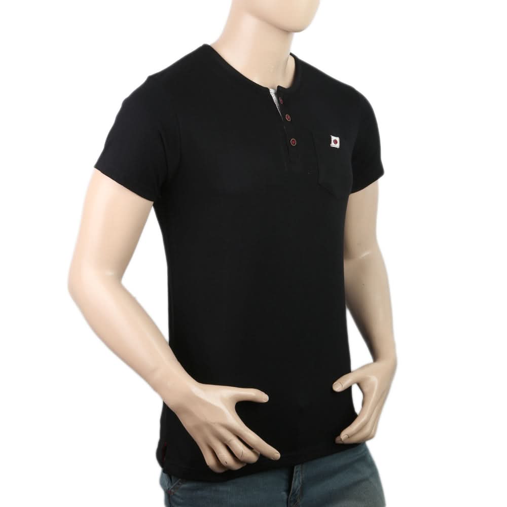 Men's Half Sleeves Fancy Yarn Dyed Tape Placket Henley - Black, Men, T-Shirts And Polos, Chase Value, Chase Value