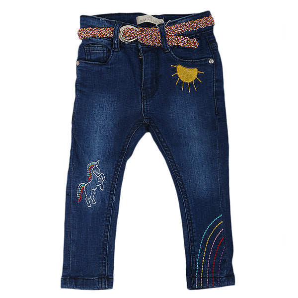 Eminent Girls Embroidered Denim Pant - Dark Blue, Kids, Girls Pants And Capri, Eminent, Chase Value