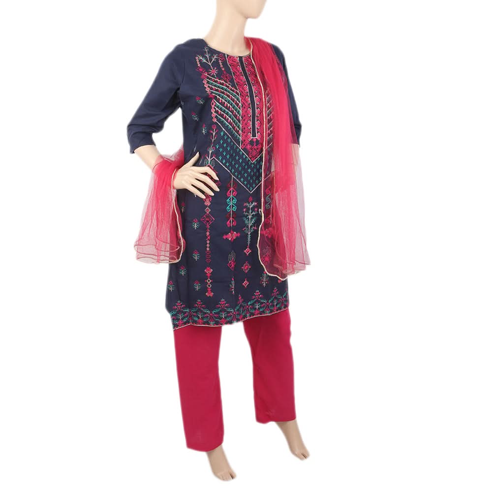 Women's Front Embroidered 3Pcs Suit - Navy Blue, Women, Shalwar Suits, Chase Value, Chase Value