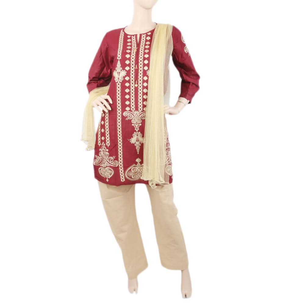 Women's Embroidered 3Pcs Suit - Maroon, Women, Shalwar Suits, Chase Value, Chase Value