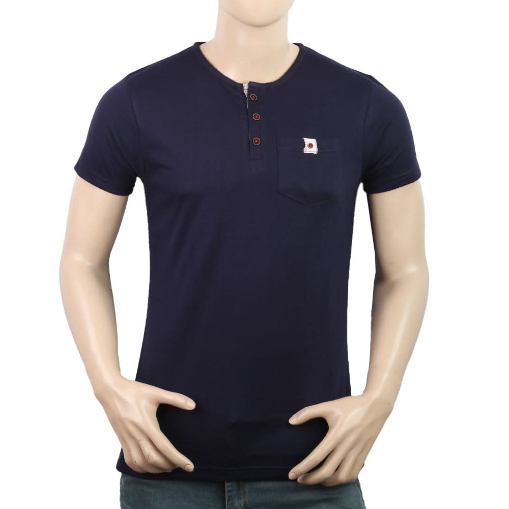 Men's Half Sleeves Fancy Yarn Dyed Tape Placket Henley - Navy Blue, Men, T-Shirts And Polos, Chase Value, Chase Value