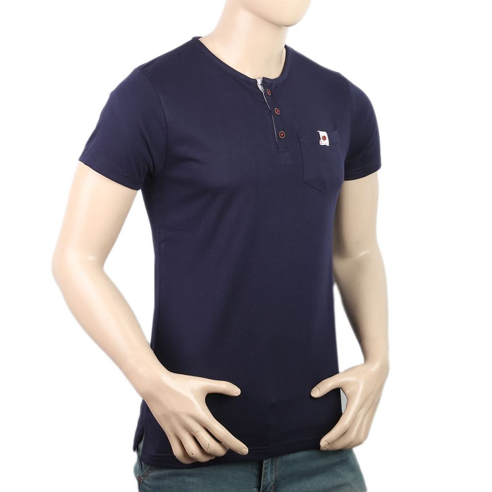Men's Half Sleeves Fancy Yarn Dyed Tape Placket Henley - Navy Blue, Men, T-Shirts And Polos, Chase Value, Chase Value