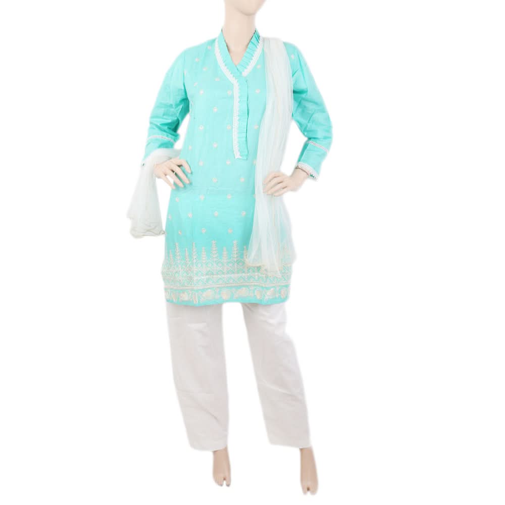 Women's Embroidered 3Pcs Suit With China Gala - Cyan, Women, Shalwar Suits, Chase Value, Chase Value