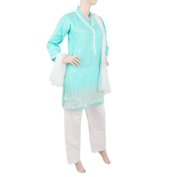 Women's Embroidered 3Pcs Suit With China Gala - Cyan, Women, Shalwar Suits, Chase Value, Chase Value