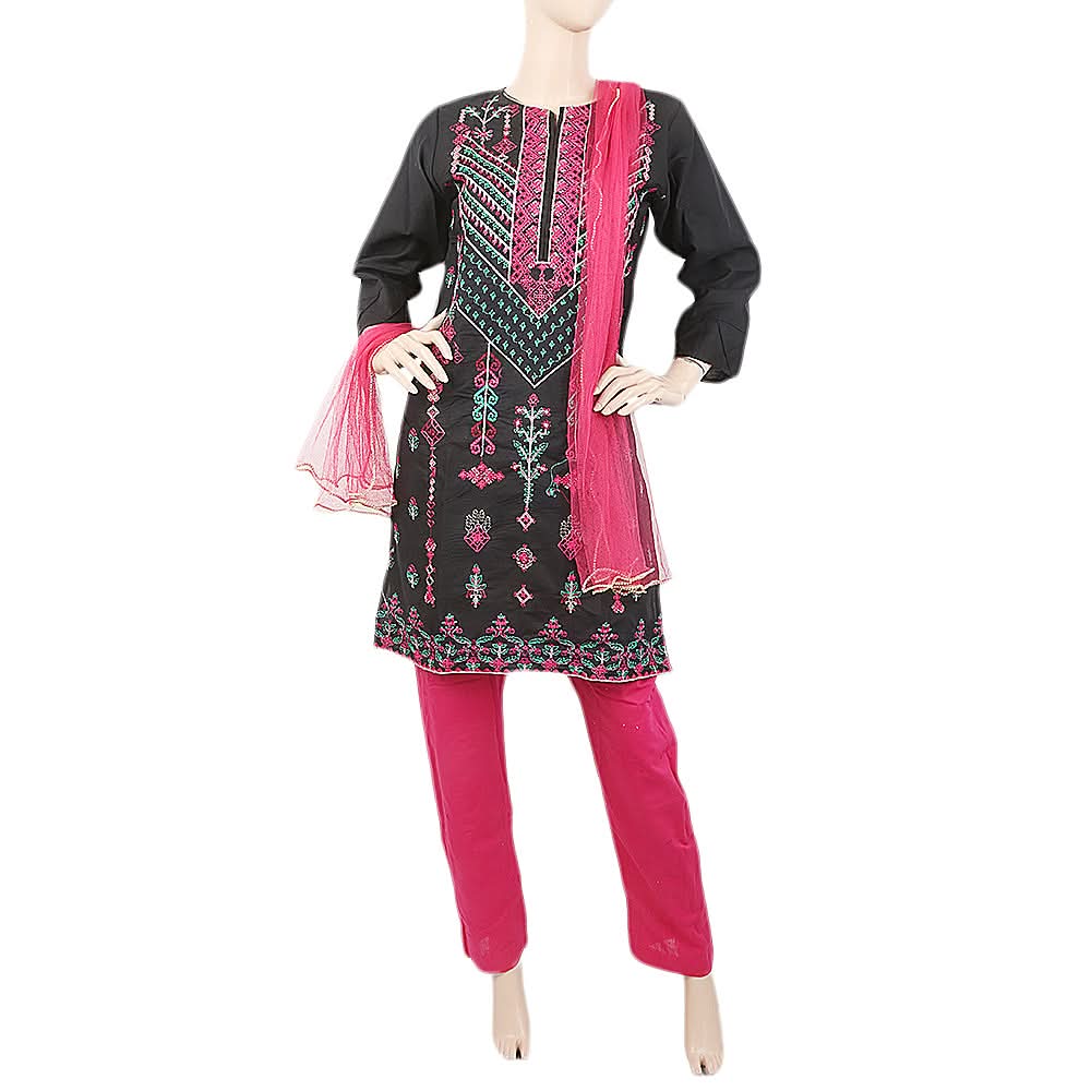 Women's Front Embroidered 3Pcs Suit - Black, Women, Shalwar Suits, Chase Value, Chase Value