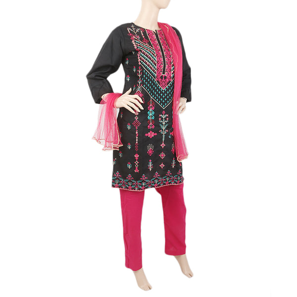 Women's Front Embroidered 3Pcs Suit - Black, Women, Shalwar Suits, Chase Value, Chase Value