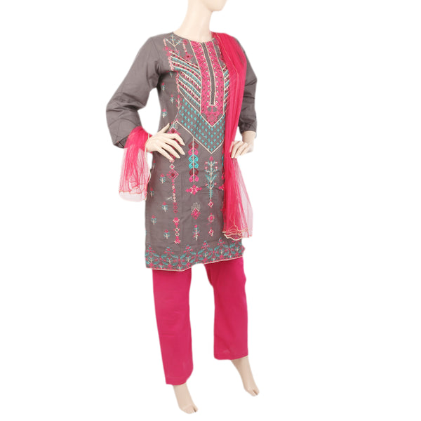 Women's Front Embroidered 3Pcs Suit - Grey, Women, Shalwar Suits, Chase Value, Chase Value