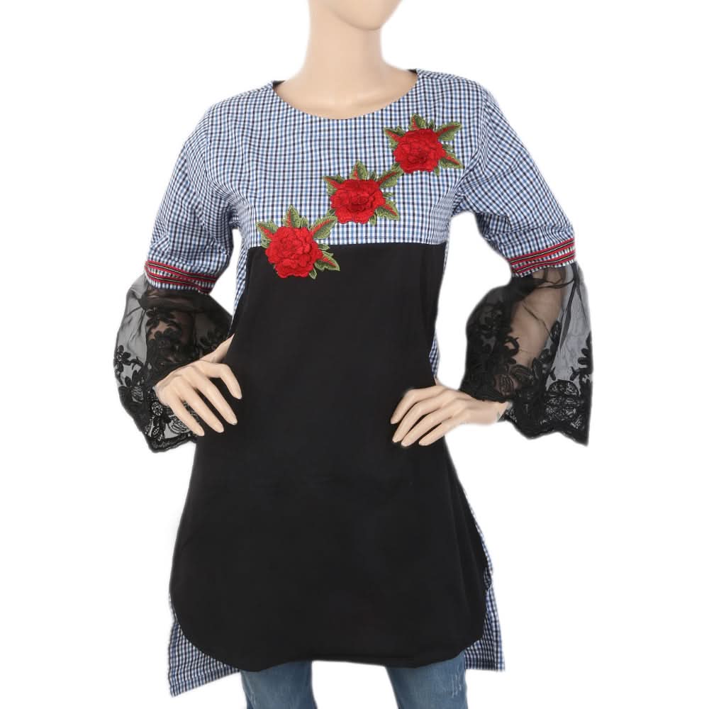 Women's Check Embroidered Kurti With Net Sleeve - Blue, Women, Ready Kurtis, Chase Value, Chase Value